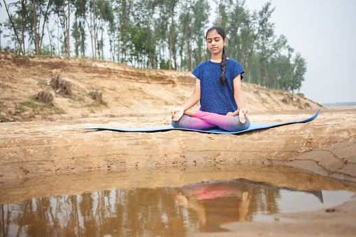 lotus position, indian, women, fitness, sukhasana, breathing exercise, breach, reflection, yoga mat, outdoor