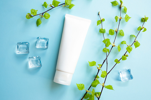 White Cream tube, young small leaves of birch tree, ice cubes on blue. Cosmetic skincare product blank plastic package. Bottle of moisturizer, sunscreen lotion, balsam, toothpaste mockup, flat lay.