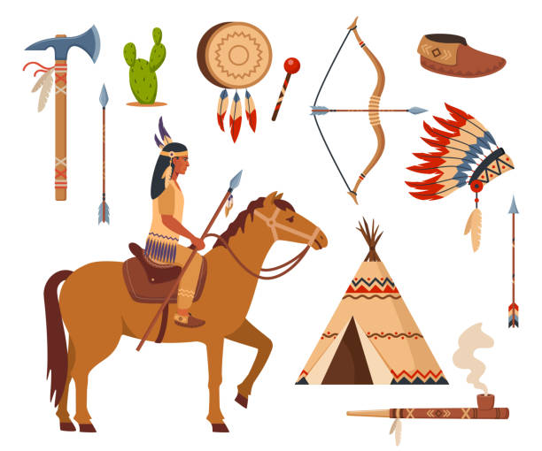 Native american indians and traditional clothes set, weapons and cultural symbols. bow, arrows, tambourine, wigwam, moccasins, tomahawk, peace pipe. Native american indians and traditional clothes set, weapons and cultural symbols. bow, arrows, tambourine, wigwam, moccasins, tomahawk, peace pipe headdress stock illustrations
