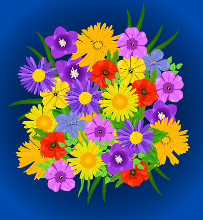 minimalist vector illustration with group of colorful flowers of different varieties