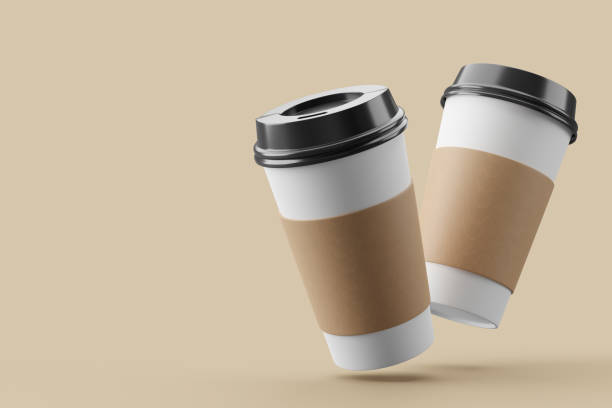 Paper coffee cup with black lid on sorft pink background mockup 3d rendering