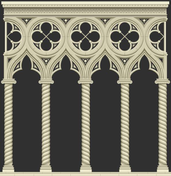 Classic arcade gallery facade of gothic cathedral Classic arcade gallery facade of gothic cathedral. Architectural details. Windows and doors medieval fresco stock illustrations