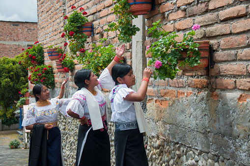 Indigenous women in traditional dress admiring wall-mounted flowers in a sunny courtyard