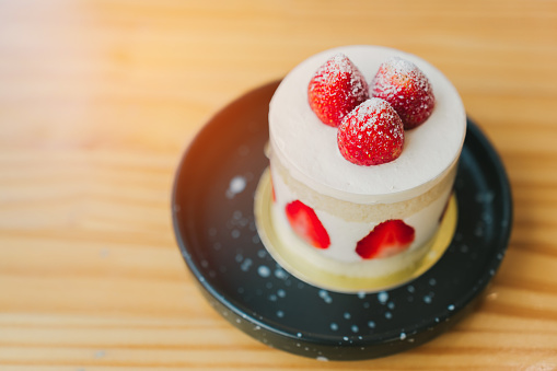 Strawberry cake, strawberry shortcake in the cafe.