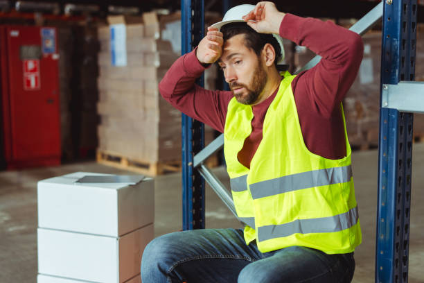 istock Overworked worker man, engineer wearing hard hat and work clothes sitting in warehouse, looking away 2149277516