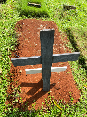 Cemetery with wooden crosses. Memorial Crosses. Wooden christian crosses on gravesite in cemetery.