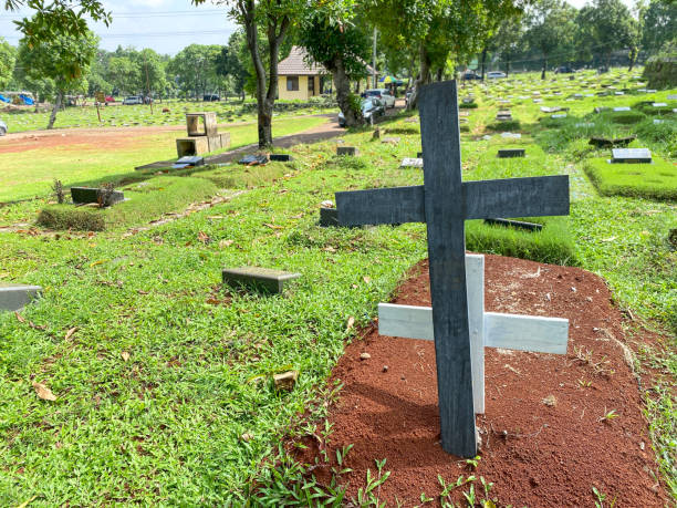 istock wooden crosses on cemetery 2149277631