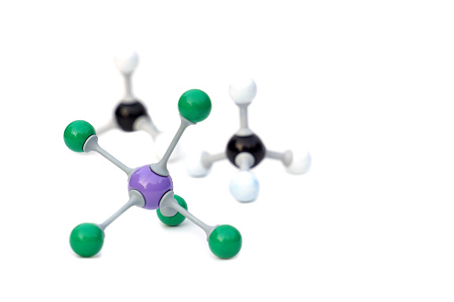 Simulate Shape of covalent molecules on white background. Soft and selective focus.
