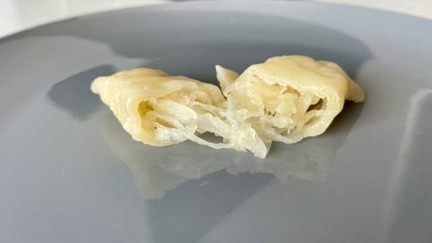 istock Dumplings with cabbage cut in half on a gray plate 2149278172