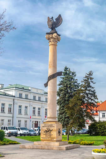 Plock, Poland - April 7, 2024: Monument to the Defenders of Plock 1920 at Narutowicz Square.