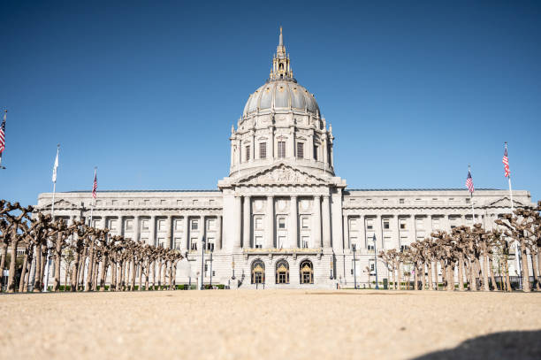 Early morning view of downtown San Francisco skyline, featuring iconic City Hall dome and modern skyscrapers in Northern California. Victorian-era houses with distinctive rooflines occupy foreground, while lush green trees frame urban landscape. Street lamp adds classic city charm. Scene captures unique blend of historic and contemporary architecture defining San Francisco's cityscape.