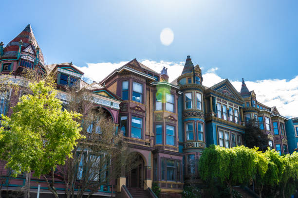 Facade of typical houses in San Francisco during springtime day