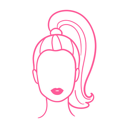 Vector pink colored illustration of female portrait with ponytail vintage hairstyle