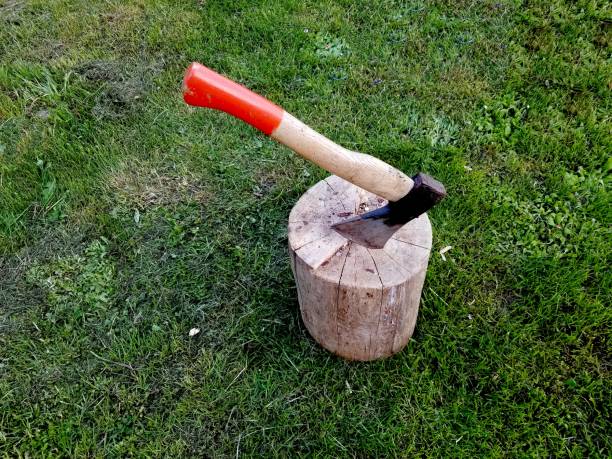 The image shows a vintage hatchet with a wooden handle isolated on a green grass background. The hatchet is perfect for camping, hiking, and other outdoor activities.