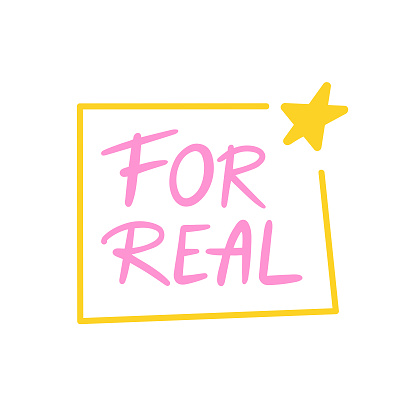 For real - a modern slang phrase, word, meaning real, actual - hand drawn lettering. Gen Z buzzword, millennial catchphrase sticker with doodles in vector