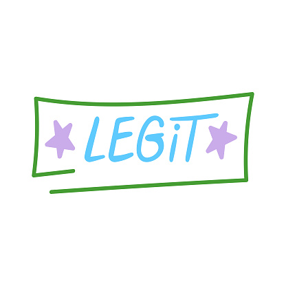 Legit - a modern slang word, short for legitimate, meaning something is real, worthy - hand drawn lettering. Gen Z buzzword, millennial catchphrase sticker with doodles in vector