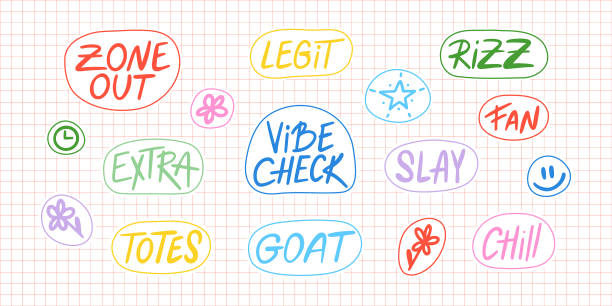 illustrations, cliparts, dessins animés et icônes de set of slang words, hand drawn lettering of modern short phrases. gen z buzzword, millenial catchphrase stickers collection with colorful doodles - génération z