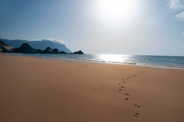istock perfect deserted beach and footprints in the sand. 2149285184