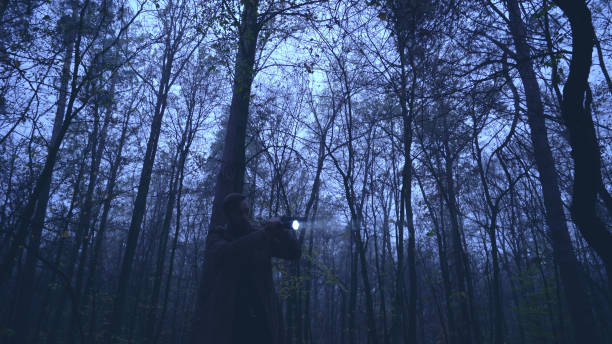 Fearless detective walks through a night forest with a flashlight and gun, investigating