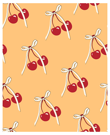 Seamless fruity and cute pattern. Cherries with bows on a yellow background. Modern poster, textile. Vector pattern with cherries and bows in retro style