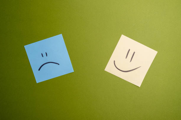 Paper cards with various emoticons on a colored background, banner and place for text. Conceptual image of positive thinking and satisfaction level