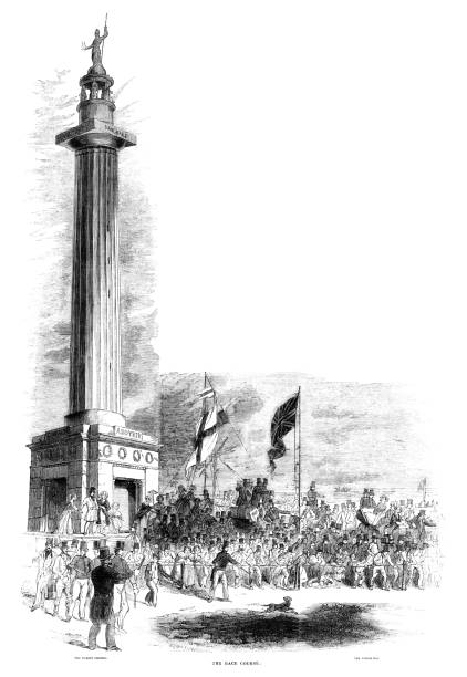 The old Great Yarmouth racecourse near Nelson's column, 1846 Enthusiastic crowds watching the horse racing at Great Yarmouth Racecourse in 1846. At that time, the racecourse was on the South Denes of the town and the first events were recorded in 1715. The course moved to the North Denes in 1920. The monument pictured is “Nelson’s Monument”, constructed in 1817-18 to celebrate Lord Nelson’s life and achievements. Also known as the Britannia Monument (a statue of Britannia stands upon the top) and the Norfolk Naval Pillar. From “The Pictorial Times”, Vol. VIII - No. 183, published on Saturday 12th September 1846, price sixpence (6d). admiral nelson trafalgar stock illustrations