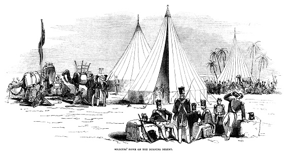 A British army encampment situated in a desert area in Asia - probably India or Afghanistan - with a nearby oasis and a number of Bactrian camels. The tents are especially designed to funnel away the heat in such environments. From “The Pictorial Times”, Vol. VIII - No. 183, published on Saturday 12th September 1846, price sixpence (6d).