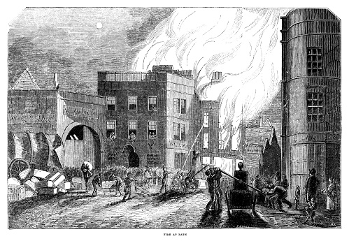 A large fire in a soap and candle factory in Bath, Somerset, in the West of England, which took place in 1846. No lives were lost but there were several injuries. From “The Pictorial Times”, Vol. VIII - No. 183, published on Saturday 12th September 1846, price sixpence (6d).