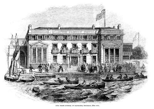 Rowing races at the Free Trade Festival held in Gravesend on the River Thames in Kent on Thursday 10th September 1846. The Clifton Family Hotel beside the River Thames is no longer in existence. From “The Pictorial Times”, Vol. VIII - No. 183, published on Saturday 12th September 1846, price sixpence (6d).