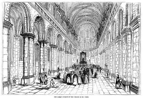The interior of the Jesuits’ chapel in Saint-Omer, Pas-de-Calais, France. This large Baroque chapel was constructed between 1615-1640 to serve the Walloon Jesuit College. From “The Pictorial Times”, Vol. VIII - No. 183, published on Saturday 12th September 1846, price sixpence (6d).