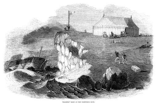 A sailing ship is wrecked on a rugged coastline and the survivors have set up camp in a large tent on the cliffs above. They are trying to salvage as much cargo as possible and are hauling it up to their temporary billet. From “The Pictorial Times”, Vol. VIII - No. 183, published on Saturday 12th September 1846, price sixpence (6d).
