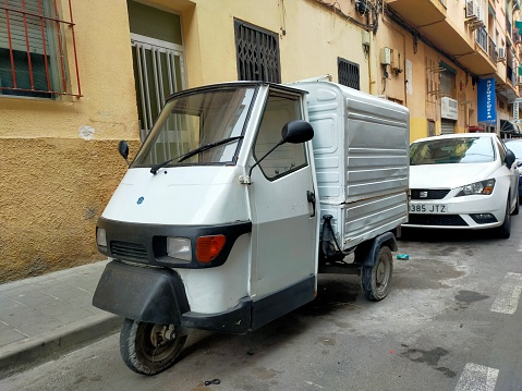 July 7, 2023, Madrid (Spain). The Piaggio Ape initially marketed as VespaCar or TriVespa is a three-wheeled light commercial vehicle