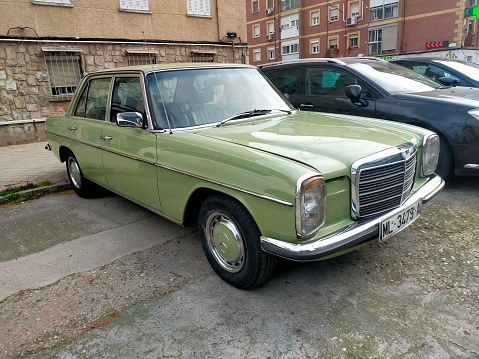 July 7, 2023, Madrid (Spain). The Mercedes-Benz W114 and W115 are the internal designations Mercedes-Benz used for a generation of front-engine, rear-drive, five-passenger sedans and coupés introduced in 1968,