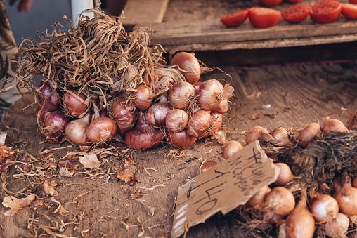 organic onions at the farmers market, Crete