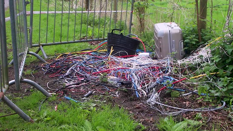 Electrical cable, a suitcase and a builder's trug illegally fly tipped sometime during the night on the side of an English road and other rubbish