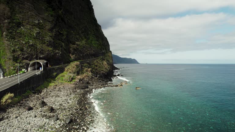 Drone of Ocean Drive, Coastline, Waves, Steep Mountains, Madeira Footage 4k