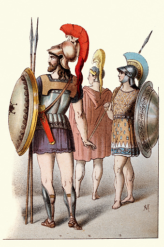 Vintage illustration Greek Hoplite warriors armed with spear and shield, Costumes fashions of Ancient Greece