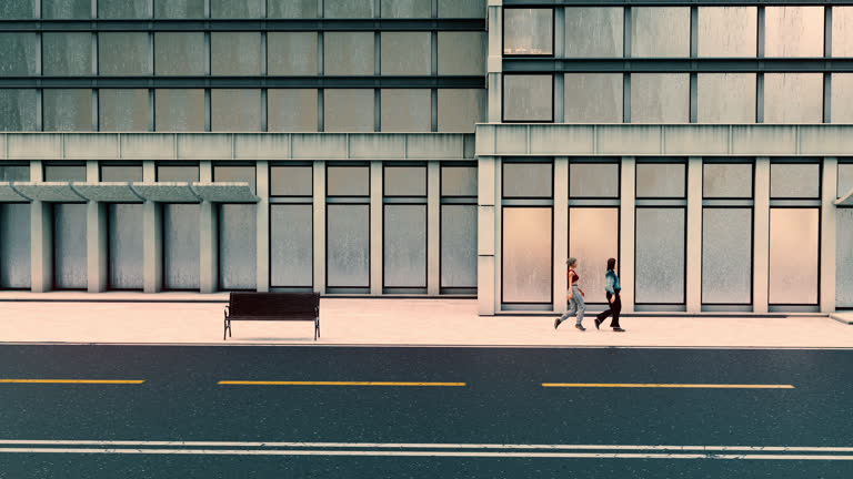people walking down a street at sunset. 3d animation of people walking on a sidewalk. two women walking down the street. two 3d women walking in the city at sunset