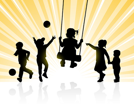 Vector illustration silhouettes of happy children playing with yellow rays background