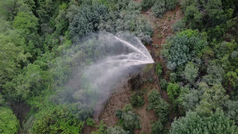 Drone view captures burst pipe, loss of water in green canyon. Aerial footage of burst pipe, loss impacting natural setting. Scene of burst pipe, loss in mountainous environment
