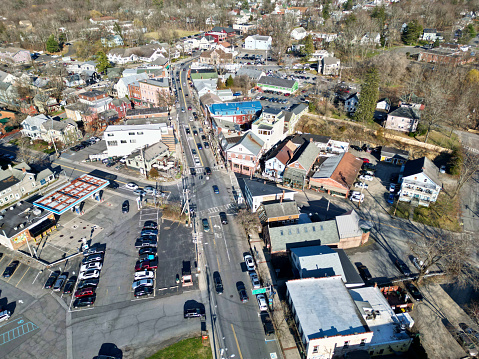 aerial view of main street in new paltz, new york (college university town) hudson valley, near shawangunk ridge, travel tourism destination small village (campus, restaurants, bars, downtown)