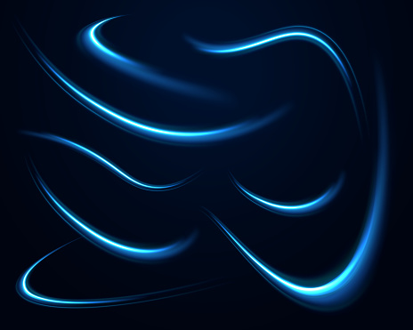 Neon glowing curves. Semicircular wave, light trail curve swirl, optical fiber incandescent. Vector.
