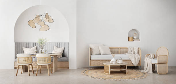 istock Boho style living and dining room with wicker furniture .3d rendering 2149309033