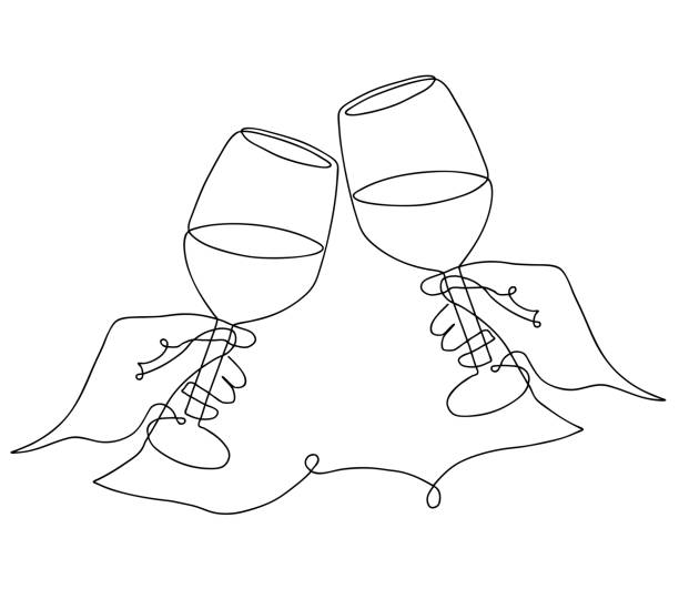 Hand drawn hands hold wine clinking glasses one line art,continuous drawing contour Hand drawn hands hold wine clinking glasses one line art,continuous drawing contour.Cheers toast festive decoration for holidays,romantic Valentine's Day design.Editable stroke. Isolated.Vector celebratory-toast stock illustrations