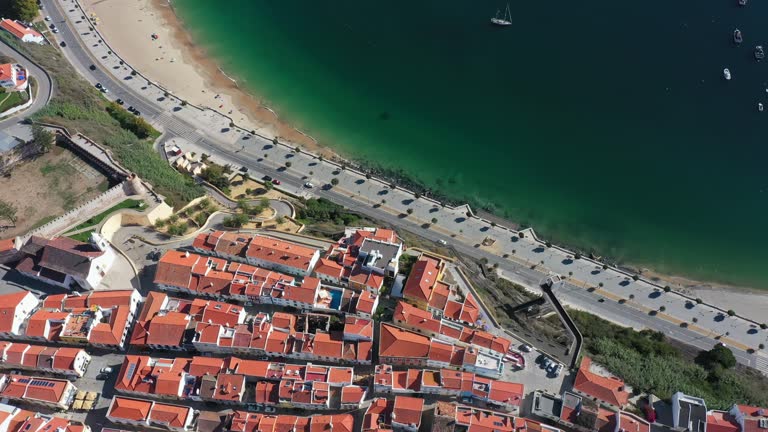 Aerial panorama of the city of Sines, Setubal Alentejo Portugal Europe. Aerial view of the old town fishing port, historic center and castle.