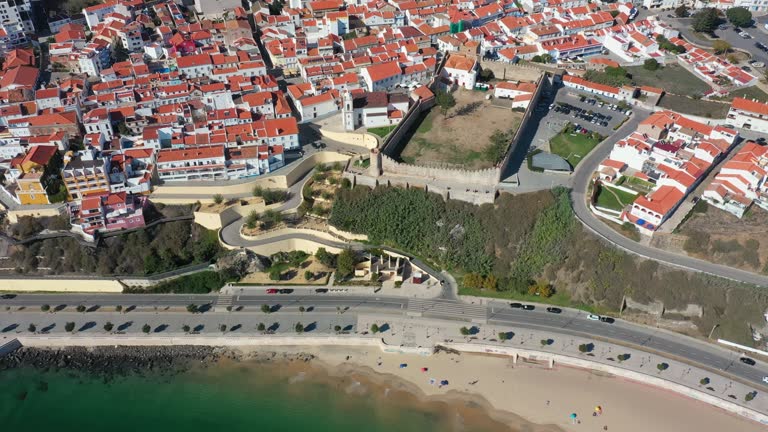 Aerial view from the top of the town of Sines Portugal Europe Aerial view of Avenida Vashco da Gamma and the sandy beach.