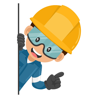 Industrial mechanical worker peeking out from behind a wall pointing finger. Express an idea and indicate it with the index finger. Industrial safety and occupational health at work