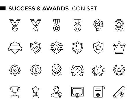 Success and Award Concept Editable Stroke Line Icons. Pixel Perfect. 32x32 px width. Black color thin line vector icons.