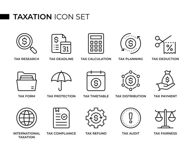 kuvapankkikuvitukset aiheesta verotuskonseptin ohutviivakuvakejoukko sisältää kuvakkeita, kuten veron määräaika, verolaskenta, verosuunnittelu, verovähennys, veronmaksu, veronpalautus ja niin edelleen - taxes