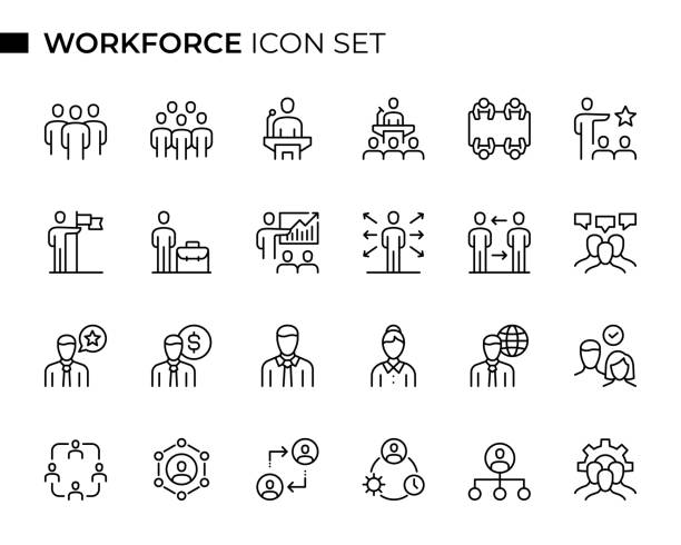набор иконок workforce concept thin line содержит такие значки, как «деловая встреча», «менеджер», «иерархия», «общение», «спикер», «бизнес-тренинг», «б� - большая группа людей stock illustrations